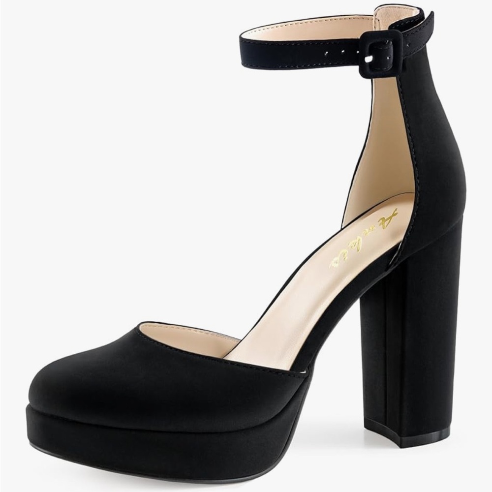 Ankis Black Satin Platform Closed Round Toe Heels Chunky Block Pumps Shoe Size 9